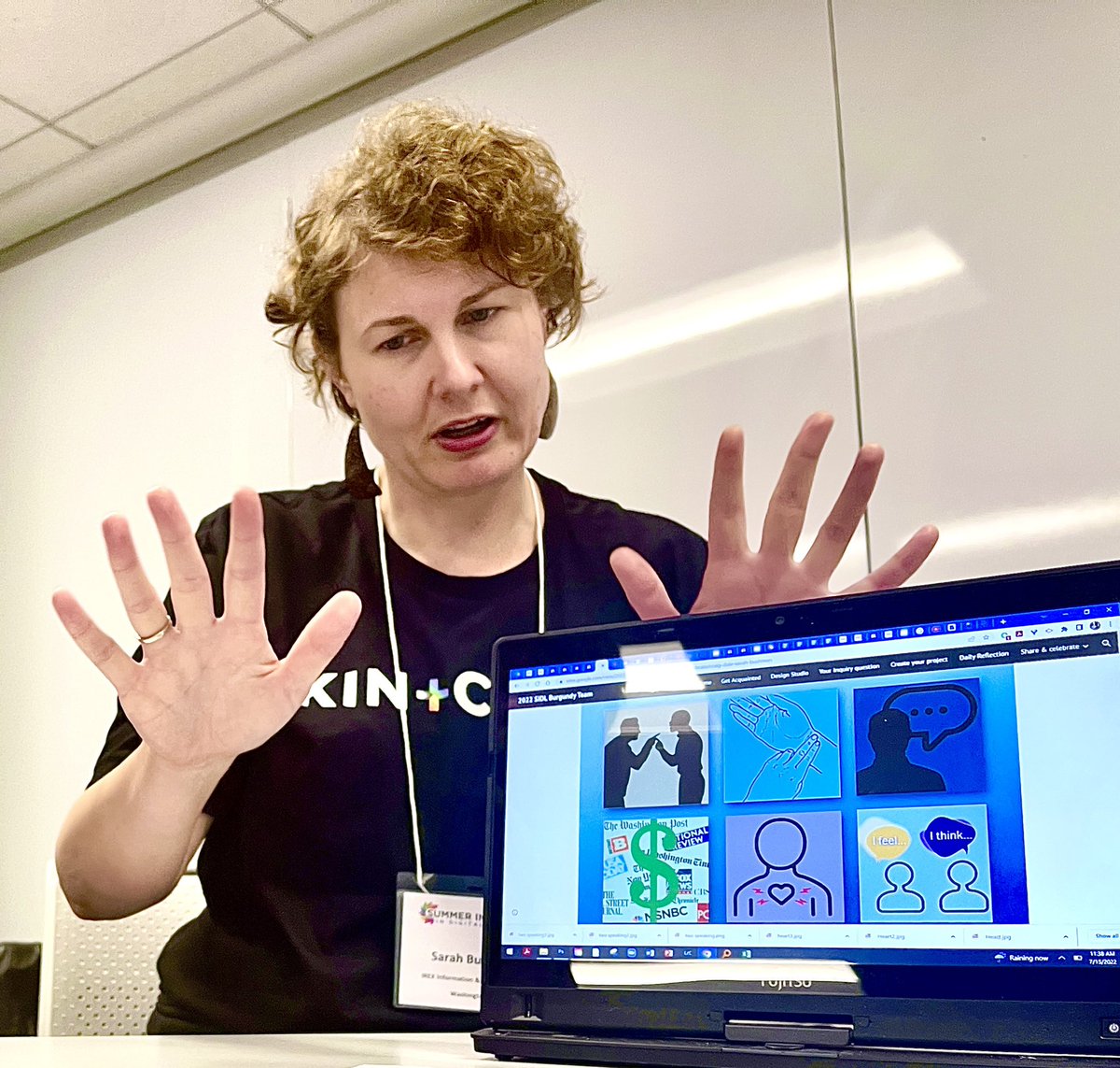 Design Studio Showcase is the culmination of our work for the week @ #DigiURI. Participants have a gallery walk Sarah is seen presenting her timely project “Taking the Pulse” -Creating places for civic discourse in Everyday life.  <a href="/reneehobbs/">Renee Hobbs</a> <a href="/yonty/">Yonty Friesem</a>