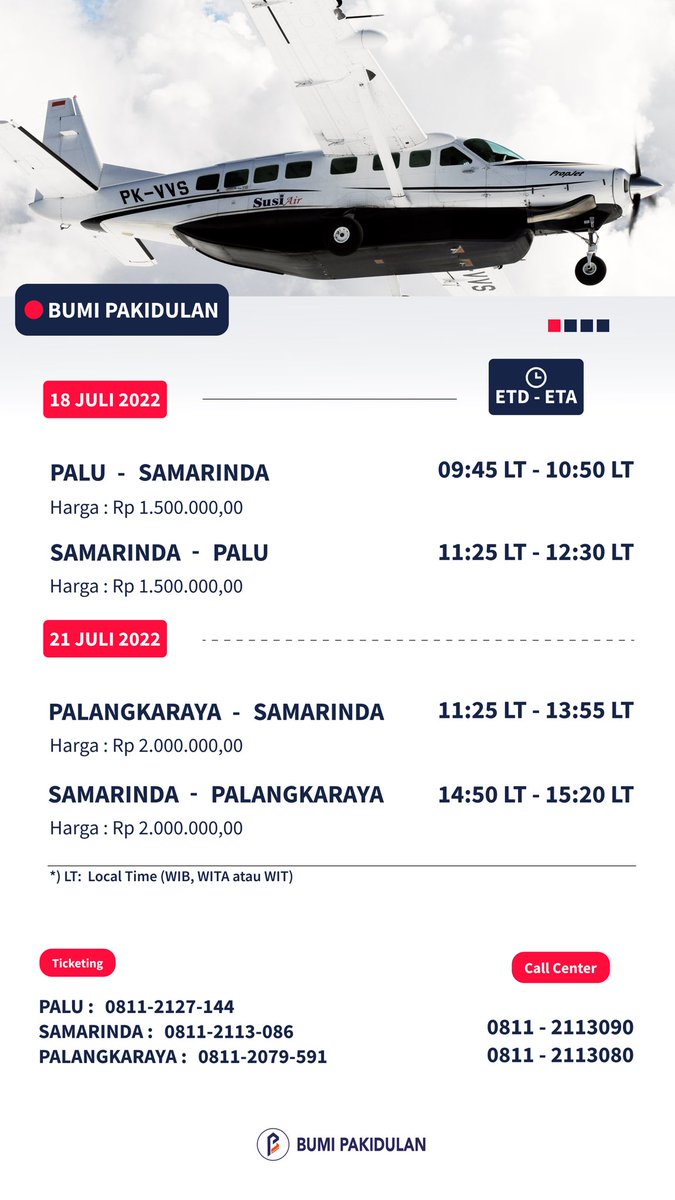 susiair's tweet photo. Halo Kawan Susi Air! Catat tanggalnya ya. 

Tersedia rute Palu - Samarinda (PP) &amp; rute Palangkaraya - Samarinda (PP). Reservasi tiket dan informasi lainnya hubungi nomor yg ada di bawah ini. 

#flywithsusiair #reachingtheunreachable #beyondsusiair #sampaiujungseluruhindonesia https://t.co/6VkmVUxSeo