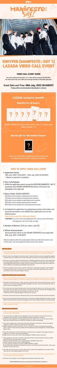 SoundContents's tweet image. #엔하이픈 #ENHYPEN
[MANIFESTO : DAY 1]
VIDEO CALL EVENT

🎁Exclusive Photocard 1 out 7(Random)
📱30 Winners

📅~7/22 23:59(KST)

LAZADA store
🇮🇩bit.ly/3O1pEAj
🇲🇾bit.ly/3O1ZqOq
🇹🇭bit.ly/3PgVWss
🇵🇭bit.ly/3yZkuRi
🇸🇬bit.ly/3ALlSrP