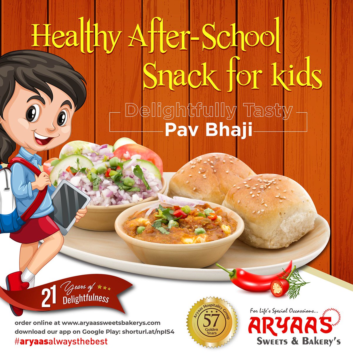 A healthy evening snack for the students who come back home enervated - Pav Bhaji from #AryaasSweetsAndBakeries! Available at all our outlets from 4 pm onwards every day.

#aryaasalwaysthebest 
#sweets #cakes #bakery #pizza #burger #pavbhaji #pavbhajilovers #pavbhajilove