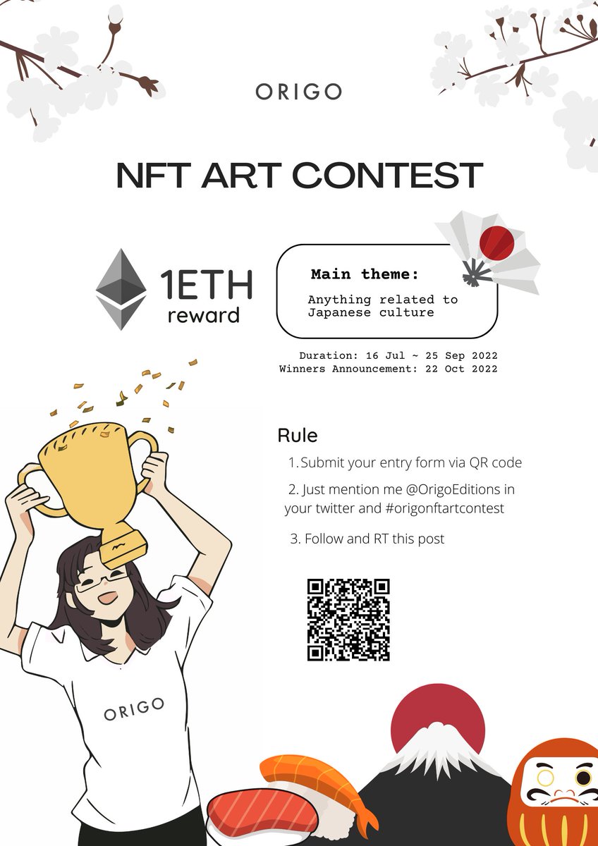 📢 ORIGO NFT ART CONTEST

🏆 1 ETH reward X 1 winner

Seize the chance and inspire others now!
Application: Jul 16~Sep 25

1️⃣ Submit entry form via QR code t.ly/Gbnn
2️⃣ Follow &amp; RT this post  
3️⃣ Mention me <a href="/OrigoEditions/">Origo Editions</a> in your twitter &amp;
      #origonftartcontest