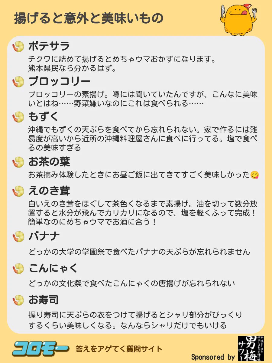 コロモーさんの「揚げると意外と美味いもの」アンケート結果がなかなかすごい。バターやお寿司も揚げちゃうの？！