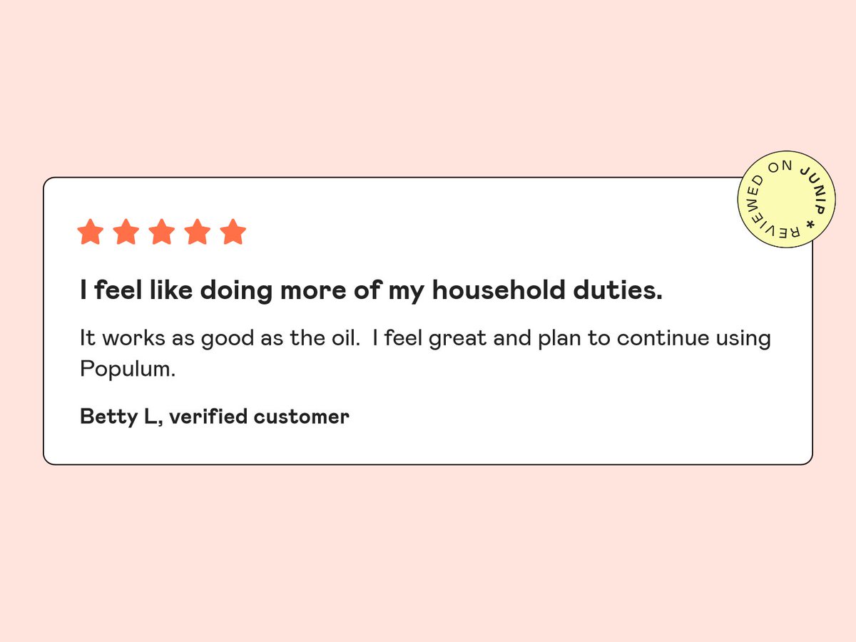 "I feel like doing more of my household duties" ... Betty LaGrange

populum.com/pages/reviews

#CBDReviews #CBDProducts #CBD