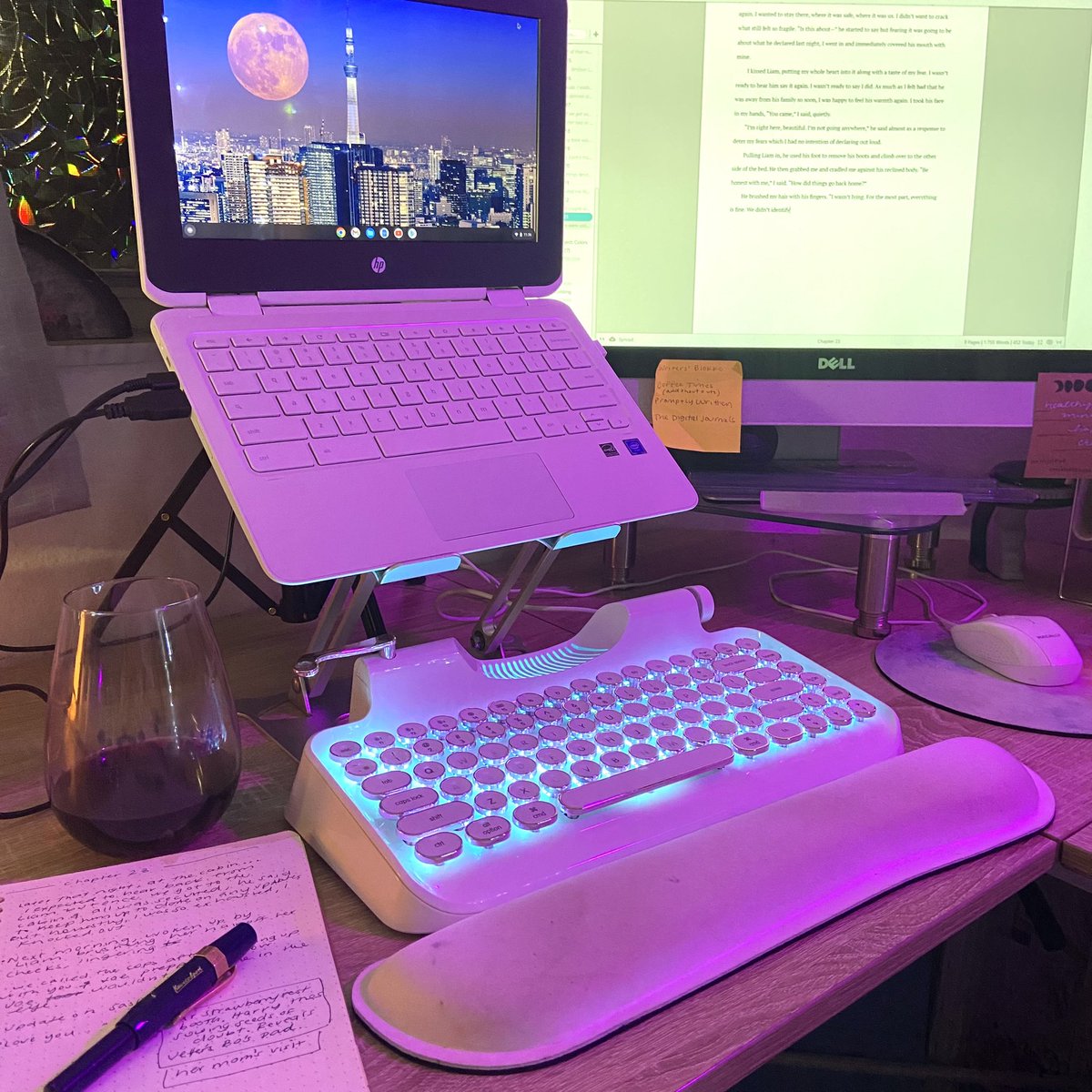 DesireeMOrtega's tweet photo. Tonight’s a-lot-of-wine and a-little-writing session 💻

I’m on chapter 23, nearing the end of Act 2. My Camp goal is about 20K to finish the manuscript and I’m at 11,005 into that goal.

#writingcommunity #campnanowrimo
#writersoftwitter https://t.co/rHfK1k3Rub