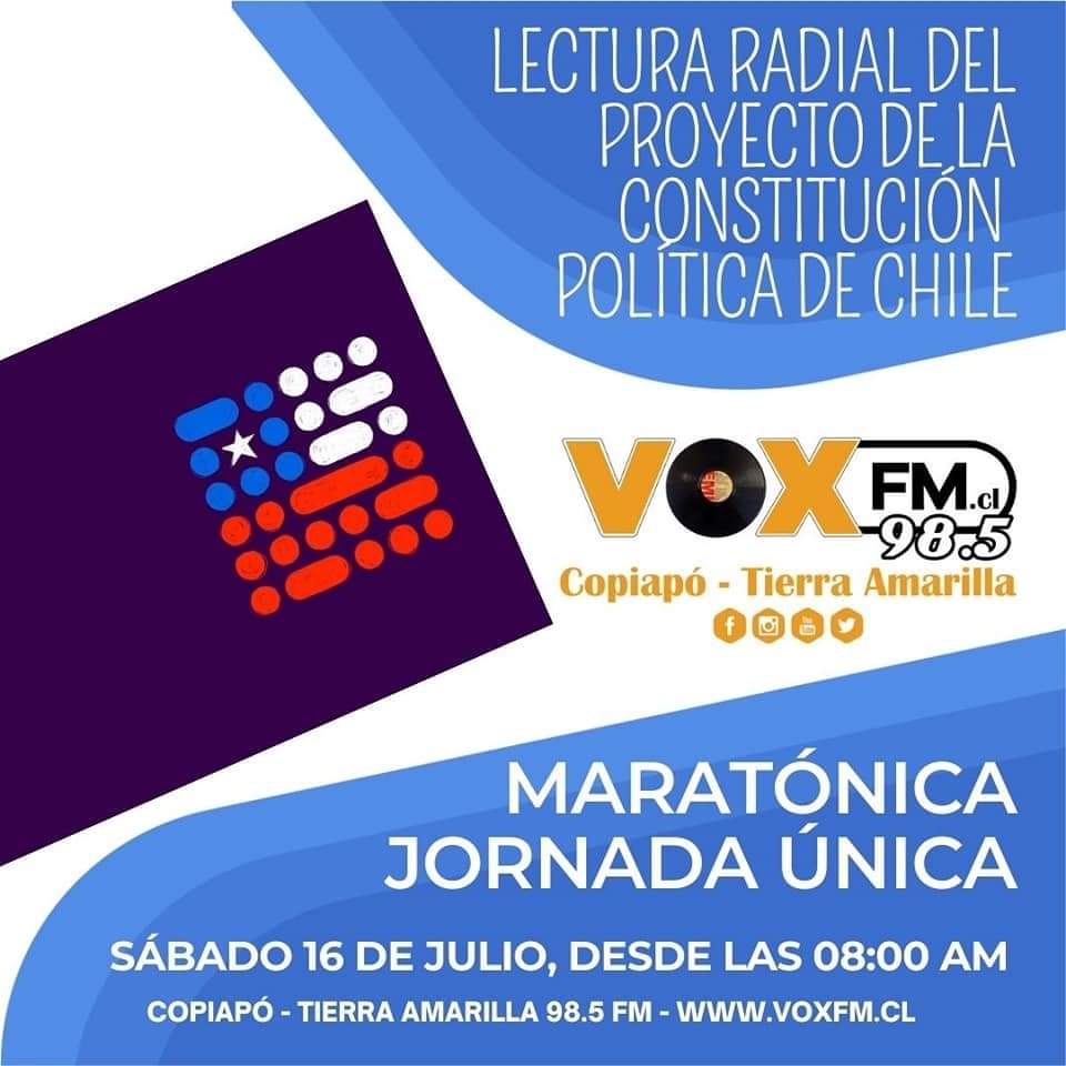 Mañana en su deber cívico,social y educativo d comunicar con objetividad, @fm_vox realizará una jornada d lectura d la Propuesta d la Nueva Constitución, la cual será leída ciudadanos y ciudadanas de nuestro territorio
#Copiapó #Atacama 
voxfm.cl o x el dial 98.5