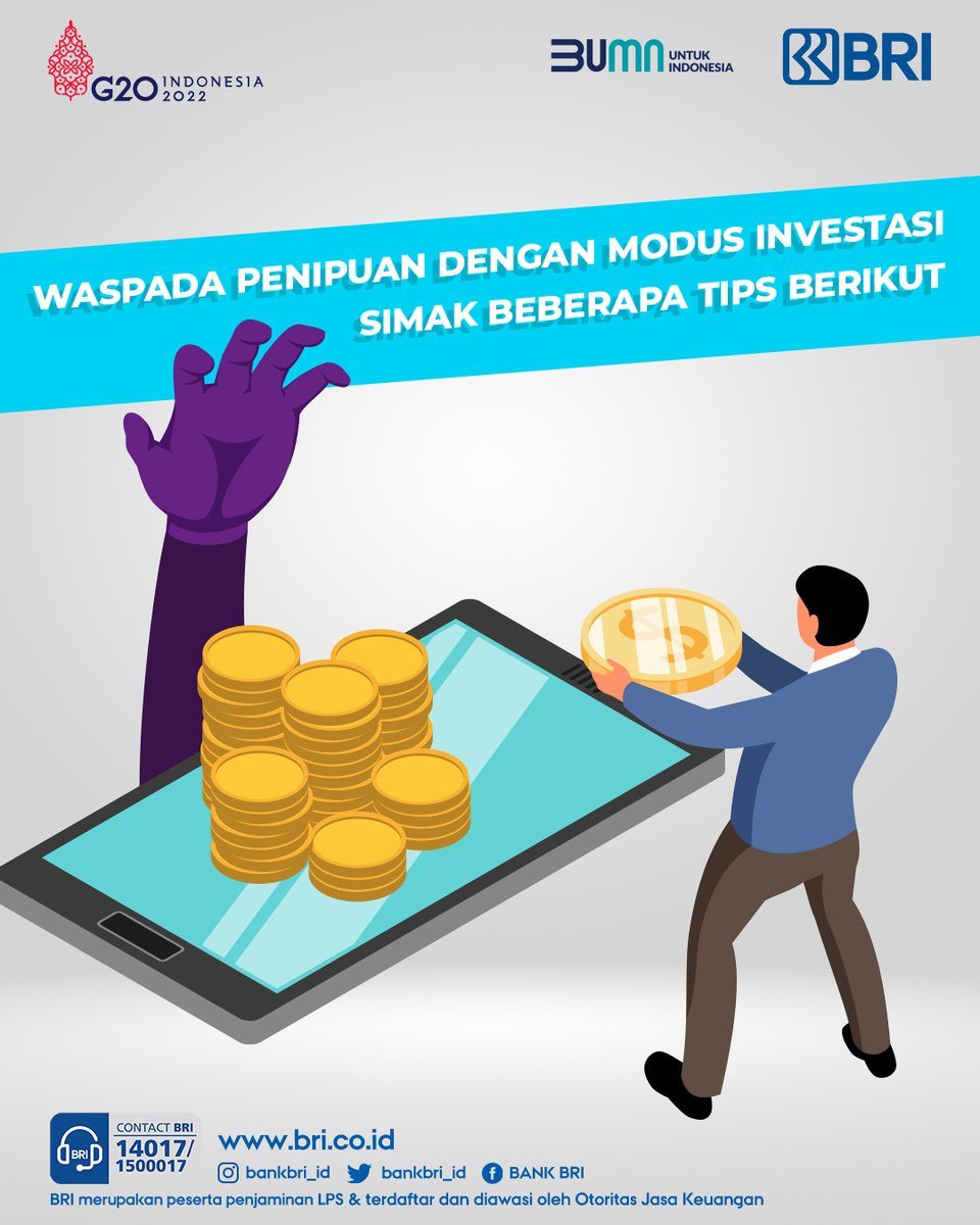kontakBRI's tweet photo. Sobat BRI. Yuk, simak tips berikut agar terhindar dari penipuan berkedok investasi. Pastikan hanya membeli produk investasi dengan legalitas resmi dan diawasi lembaga/otoritas. Sehat dan sukses selalu ya.

#BRIEdukasi https://t.co/zPfeoxVesH
