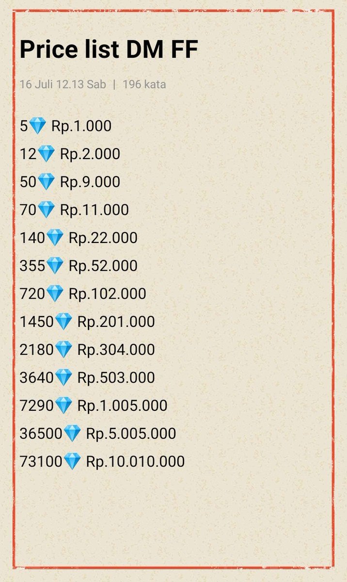 carlaa_store88's tweet photo. 💎 UPDATE HARGA TOP UP DIAMOND ML/FF TERMURAH 💎
[ Ayokk yang mau top up bisa DM aku ya :3 ]
‼️HARGA UDAH FIX!‼️
*Hanya memerlukan id, server, nick
💳dana, shopeepay, pulsa(ada rate)
#diamondff #diamondml 
Top up ml, top up ff, update promo https://t.co/A21gWXTSIR