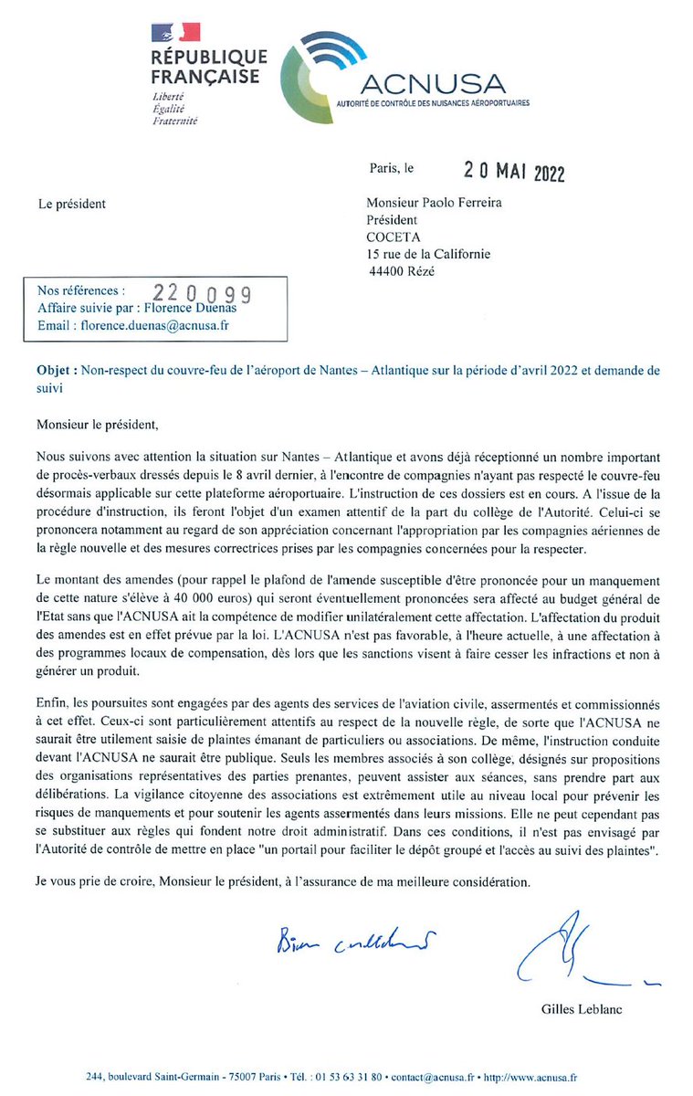 PaoloFe45317455's tweet image. Réponse officielle de l'ACNUSA sollicitée par le COCETA sur le couvre-feu et la possibilité de réaffecter les pénalités pour accélérer et améliorer l'aide à l'insonorisation...il y a encore à faire. Un coup de pouce du gouvernement?
@Elisabeth_Borne @ChristopheBechu  @laernoes