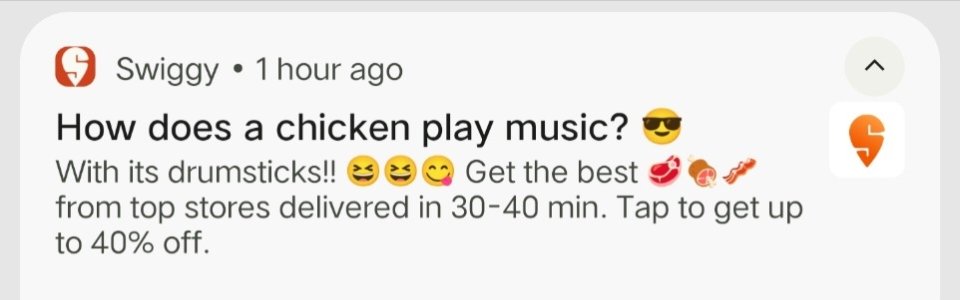 Dear <a href="/Swiggy/">Swiggy</a> I really love chicken dishes, but your push message ad(screenshot below) is in very poor taste. Hope you guys get someone to review such nonsense, before sending out.