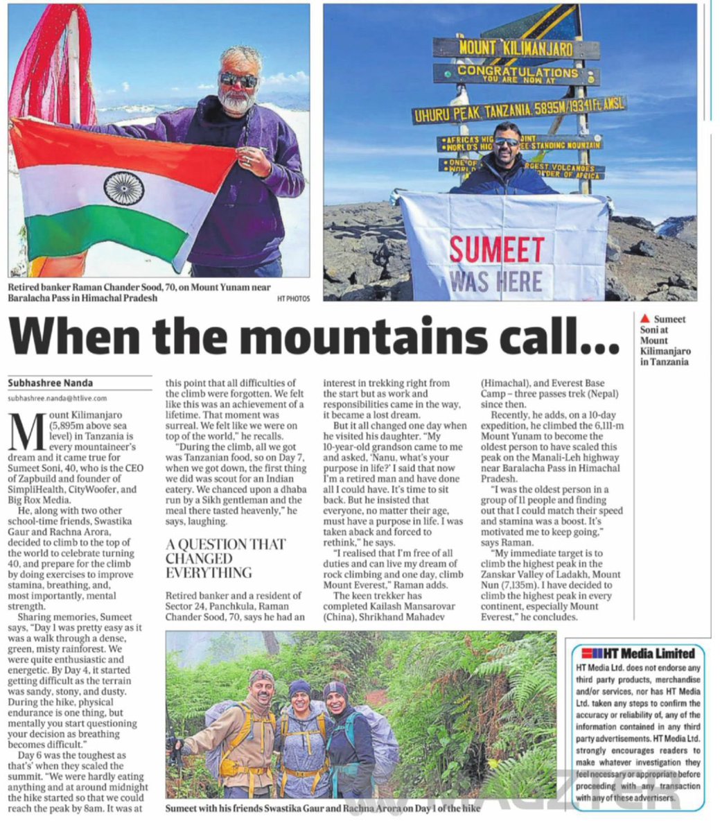sumeetsoni's tweet photo. This larger-than-life Trek has given me lifelong memories &amp; an insatiable urge to write a book sharing challenges &amp; how we surpassed them but for the time being, I am super thankful to @17SubhaShree for writing such an exciting feature!
Thank you @HindustanTimes @VisitTanzania1 https://t.co/7CnmnnQTyE