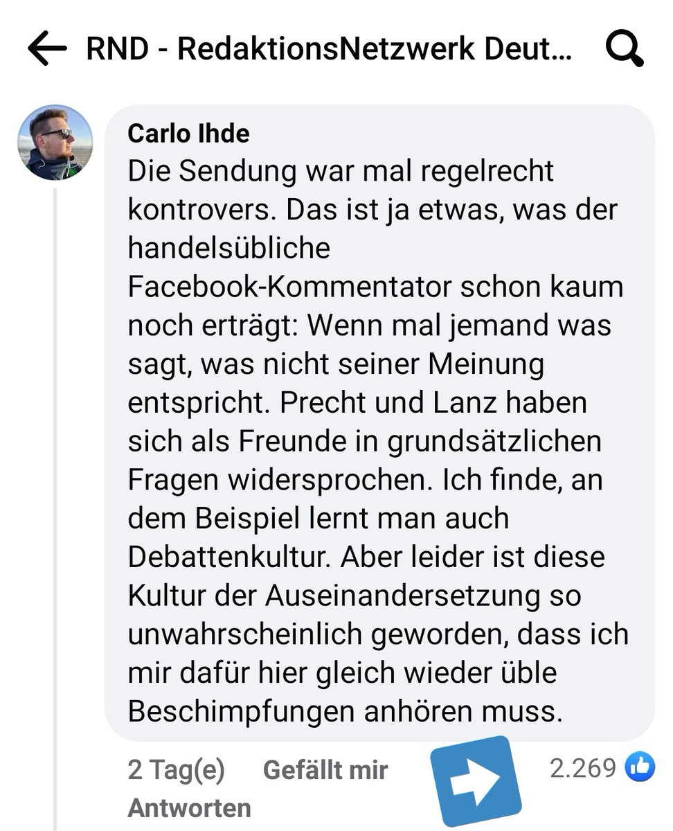 Da lobt man bei Facebook unter der Nachlese der Sendung von #Lanz und #Precht diese Woche einmal beide Protagonisten und mahnt einen guten Umgang miteinander, zack: Zustimmung. Die Welt ist irre geworden.