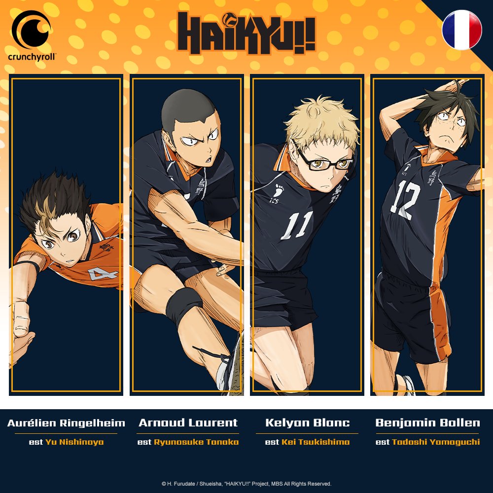 Quelle équipe pour Haikyu en VF !!! 🔥🏐

🧢 Aurélien Ringelheim (Sasha - Pokémon)
🐉 Arnaud Laurent (Natsu - Fairy Tail)
⚡️ Kelyan Blanc (Harry Potter)
😼 Benjamin Bollen (Chat Noir - Miraculous)