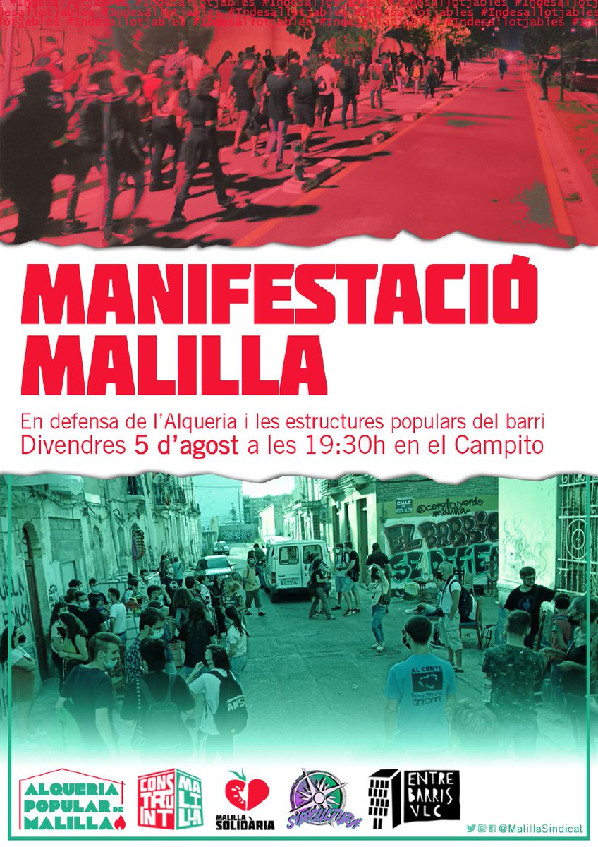 🔥 MANIFESTACIÓ MALILLA 🔥
El 5 d'agost prenem els carrers! Diguérem que lluitaríem fins al final i ho farem. 
En defensa de l'Alqueria Popular de Malilla i les estructures populars del sindicat, vos convoquem a totes. 
Guanyarem! ❤️💚