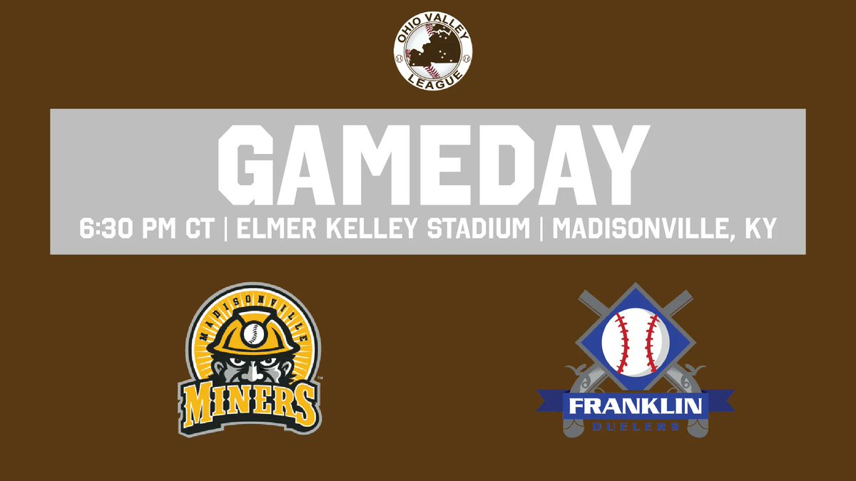 OVL GAMEDAY

@DuelersBaseball 🆚 <a href="/MadvilleMiners/">Madisonville Miners</a>
⏰ 6:30 PM CDT
📍Elmer Kelley Stadium, Madisonville, KY
📝 buff.ly/3RF9nnE
📻 WTTL FM 106.9/buff.ly/3mzxeHi
📺 None

#OVLBaseball