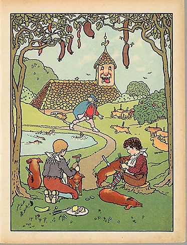 オランダの怠け者天国の絵本1912年
山はライスプディングで噴水はレモネードとワイン。鳥肉と豚肉はフォークとナイフが刺さって食べてもらいに寄って来る。おうちは当然お菓子でできてる。
めちゃくちゃホラー感ある。 