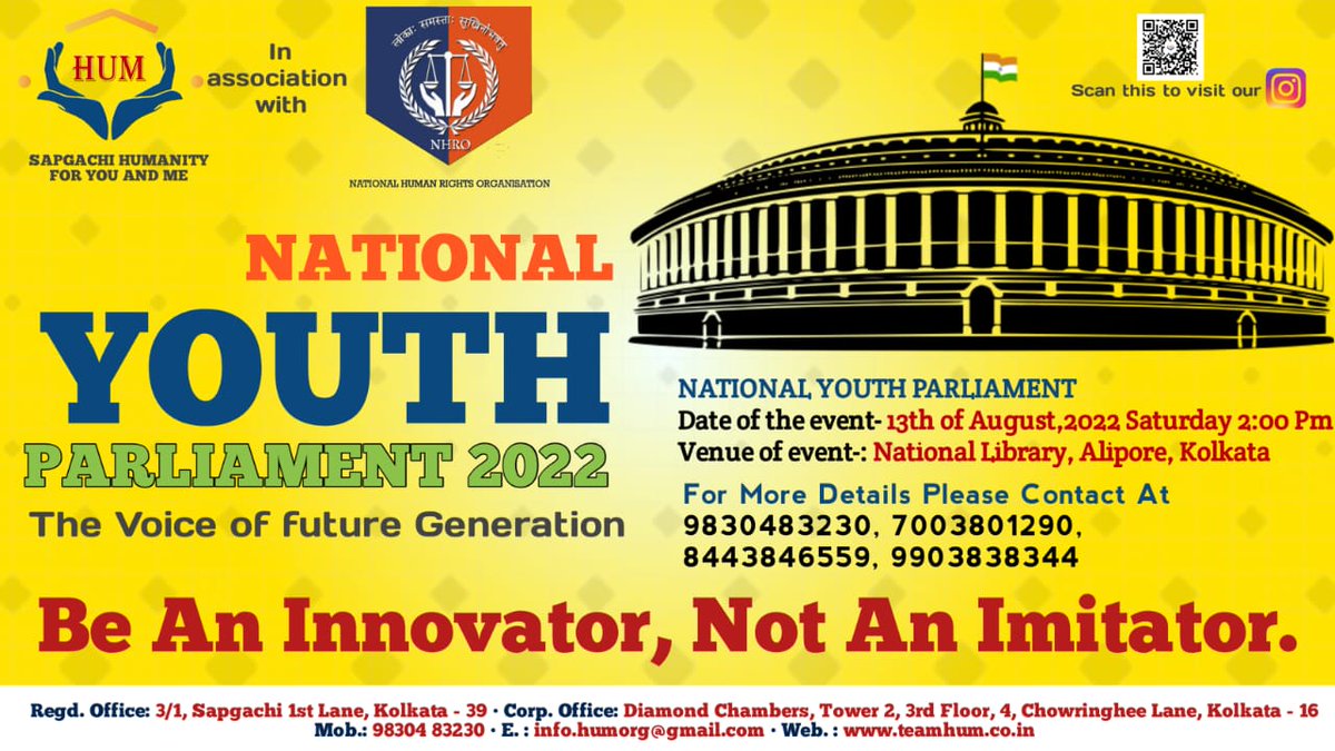 nhro_org's tweet photo. Announcement!! 📣📣📣

Here Comes Our Next From Team Bengal...
National Human Rights Organisation in association with Hum Foundation is Organising National Youth Parliament, Details to be updated soon...

#NationalYouthParliament #NHRO #NationalHumanRightsOrganisation https://t.co/udnjUAtzap