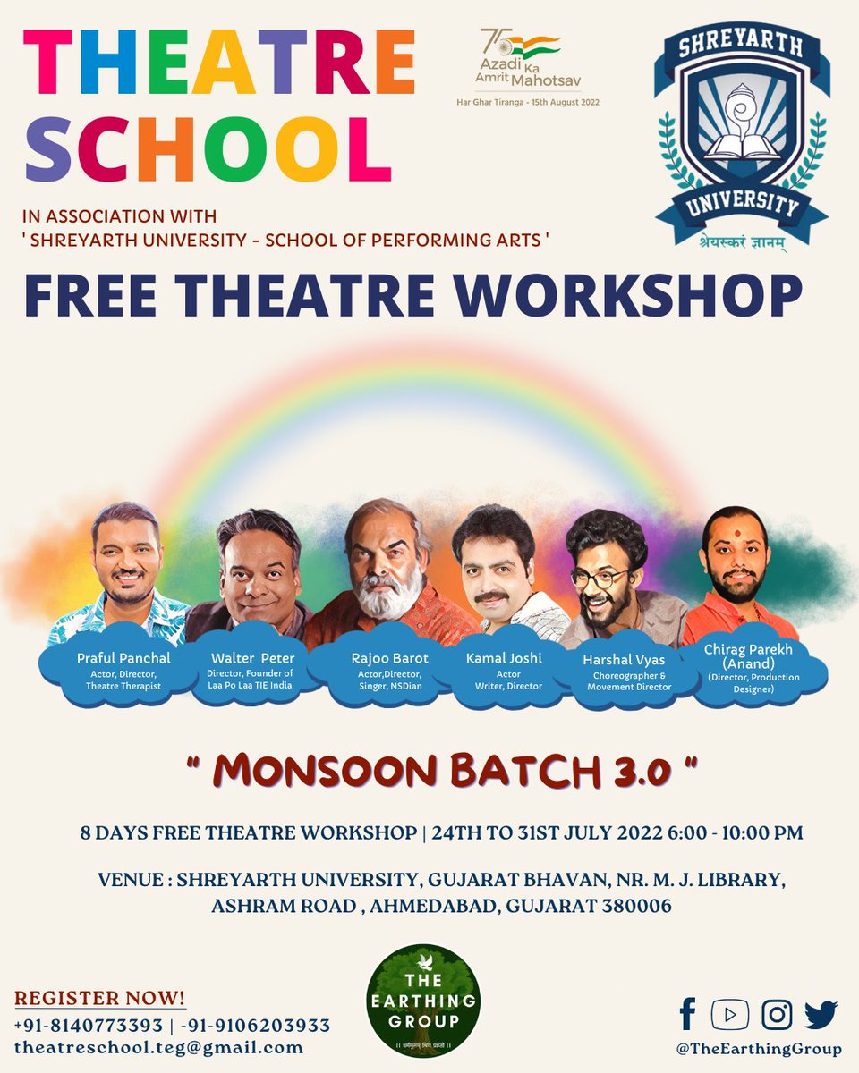 The_Earthing's tweet photo. #Freeworkshop In Ahmedabad. With the rain, we have arrived too. Join 8 Days Free Theatre Workshop in Ahmedabad.
#Ahmedabad #ahmedabadrains #workshopinahmedabad #theatre #supporttheart #performingartsinindia https://t.co/NmjcRPCE6v