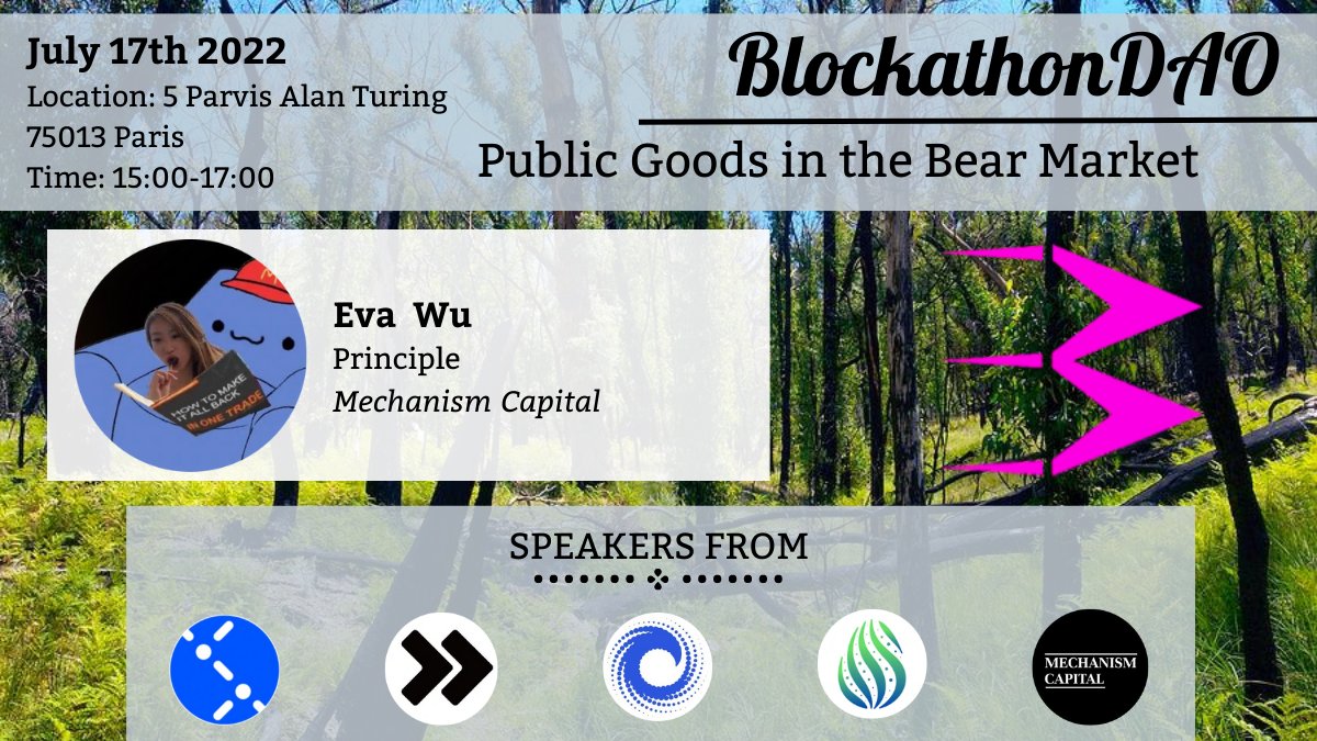 Going to #ethcc? 

Join our "Public Goods in the Bear Market" side event tomorrow! <a href="/Metaverse_conf/">Metaverse_Summit</a>
 
📅 July 17th 2022, 3-5pm CEST, Paris

Speaker <a href="/wvaeu/">𝐄𝐯𝐚 𝐖𝐮</a>
principle of <a href="/MechanismCap/">Mechanism Capital</a> 
  
Register ⋙ bit.ly/3ag2fNQ
Join event group chat! ⋙ t.me/+khW2QGMEkBo5N…