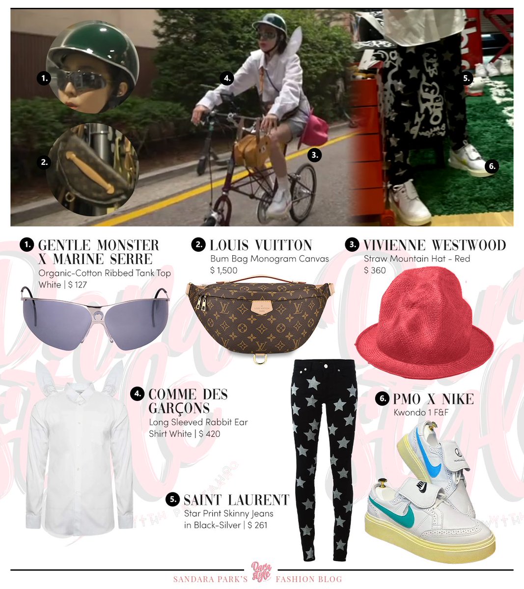 DaraStyle_'s tweet photo. [Spotted] 220715 #DARA at MBC 'I Live Alone' EP.454, Kitchen items:

#GENTLEMONSTER X #MARINESERRE Sunglasses
#LOUISVUITTON Bum Bag
#VIVIENNEWESTWOOD Hat
#COMMEDESGARÇONS Shirt
#YSL Jeans
#PMO X #NIKE Kwondo 1 F&amp;F
#DASHEL Helmet
#MOULTON TSR 9+
-
#SandaraPark #산다라박 #다라 https://t.co/eqcBzvcMPj
