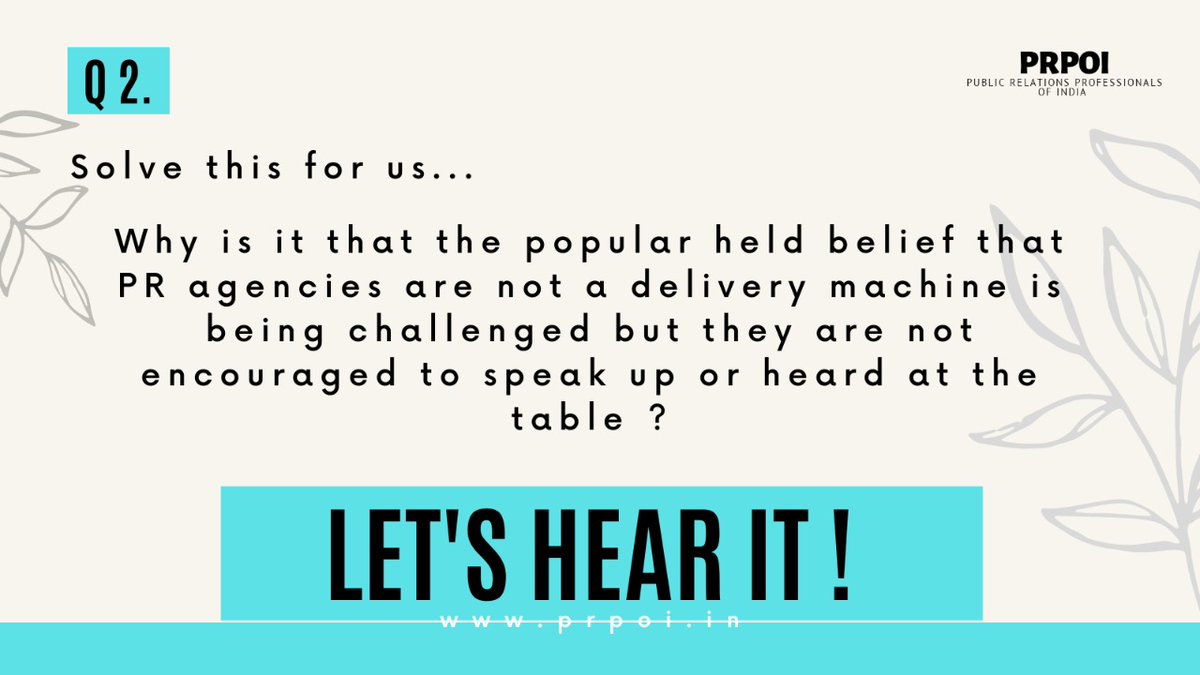 prpoi_india's tweet photo. Next question up. Not repeating, read it carefully below!
@chhavidang @prasidham @krspraveen @preeti_binoy @sredits @mindtweak123 @sokhalsonali @poojabd
.
#PRPOI #TwitterChat #LoveforPR #Upskill #SaturdayPanel https://t.co/a4vo24gkxH