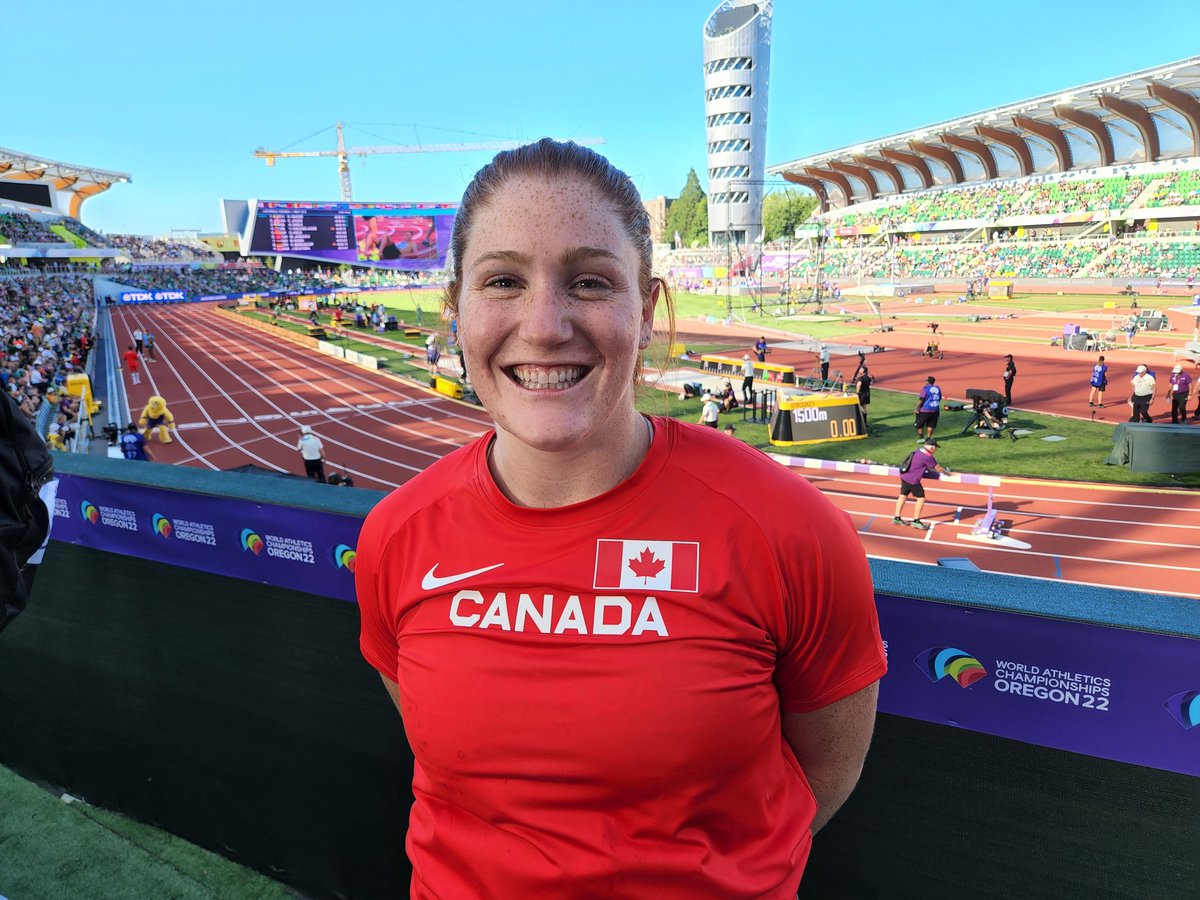At the World Athletics Championships in Eugene, USA, <a href="/MittonSarah/">Sarah Mitton</a> of North York, ON (originally Brooklyn, NS) advances to the finals of the women's shot put with an auto-qualifying throw of 19.38m, the 2nd farthest throw among all qualifiers! 🇨🇦🌎