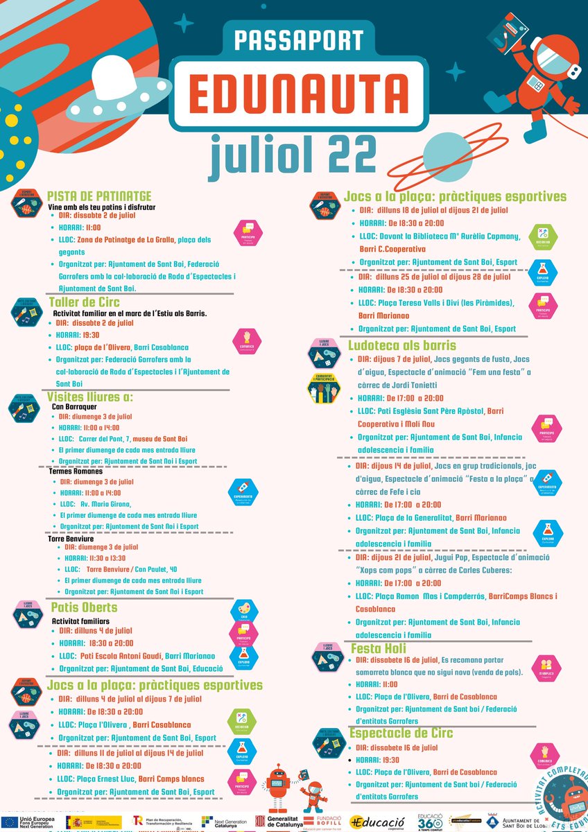 Aquest estiu, els nens i nenes de #SantBoi segueix sumant experiències al seu #PassaportEdunauta. Dijous, la Plaça de la Generalitat acollia una tarda de jocs, diversió i descoberta, però encara queden moltes activitats aquest juliol. 🚀👇🏽

#SBCiutatEducadora