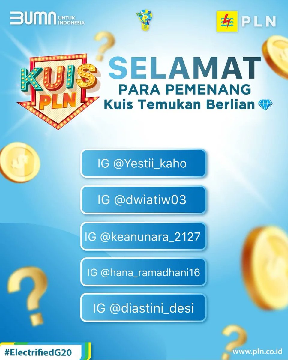 _pln_id's tweet photo. Selamat untuk pemenang pekan lalu dan kuis temukan berlian. Jangan lupa share kuis minggu ini ke temen dan kerabat kalian. Good Luck.

#PLN #KuisPLN #PLNUntukIndonesia https://t.co/LNDJA6COUs