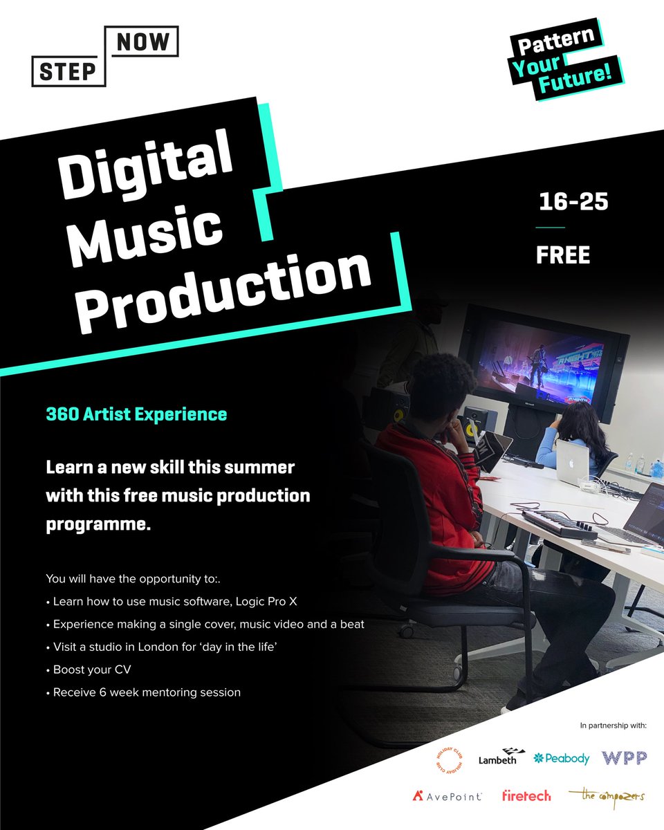 officialstepnow's tweet image. Are you 16-25 years old or a parent/guardian to a young person who would be interested in joining our FREE 2 week Digital Music Production programme this summer? 

If your answer is yes, please sign up here 

eventbrite.com/e/382985749687

#stepnow #patternyourfuture #musicproduction