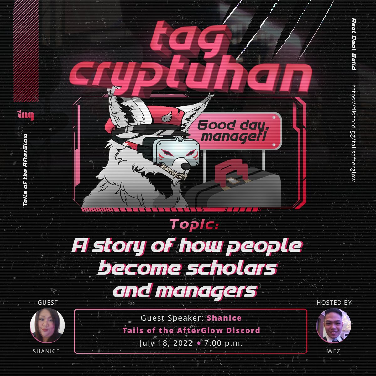 tailsafterglow's tweet photo. Remember Shanice from our last Flex your TAG, Flex your Story? 🧐 We’ll be hearing from her again LIVE on our next episode of “Good day, manager!” with the one and only Wez. 🔥

Support them at TAG Discord server next week - July 18 (Monday), 7 pm. ✨ See you there! 🤗

#RDGxTAG https://t.co/wd9D8fu4Kc