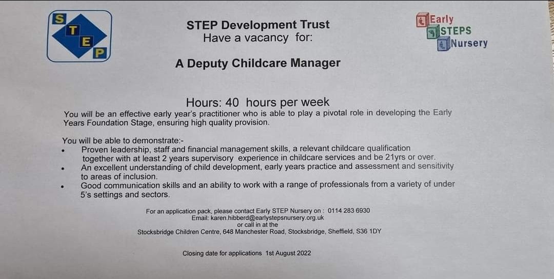 Stepsnursery's tweet photo. Early STEPs Nursery have a vacancy for a deputy manager. We are a local nursery and offer childcare for children aged 6 months to school age.
 If you are interested please e mail Karen.hibberd@earlystepsnursery.org.uk

#earlysteps #jobopportunity #comeandjoinus https://t.co/EuMyboZc0f