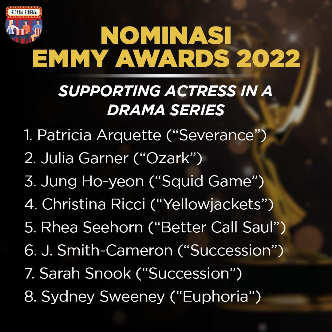 bicara_sinema's tweet photo. Nominasi penghargaan produksi televisi di bidang hiburan, Emmy Awards 2022, resmi diumumkan. Catatan menarik dari pengumuman tersebut antara lain serial Squid Game dan Yellowjackets yang masing-masing mendapat 14 dan 7 nominasi. https://t.co/Q6AlJ7AYgm