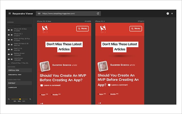 JudithGo_89's tweet photo. @midudev Añado Responsive Viewer. Es una extension de chrome (creo que está para varios navegadores), con la cual puedes ver varios tamaños de dispositivo a la vez y comparar para hacer un buen testeo manual/visual. https://t.co/Mh4fru1XIs https://t.co/62DZzsfIne