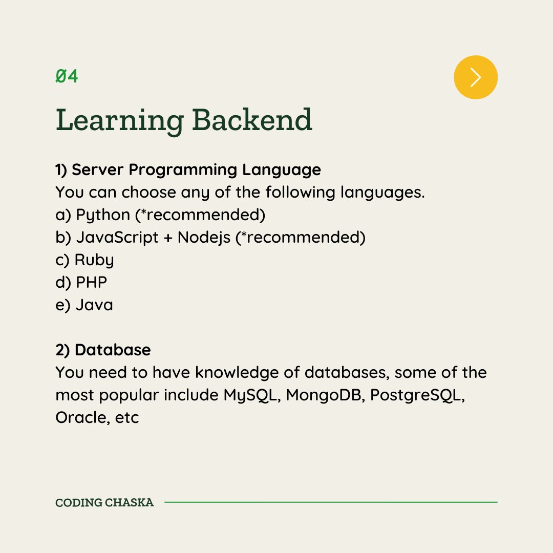 CodingChaska's tweet image. Learning Backend with #CodingChaska
- Server Programming Language
- Database
- Backend Framework
- Restful API
- Git + Github
- Deployment
#programming #programmers #programminglife #databases #Backend #github #restful #restfulapi #ruby #Python
Visit : codingchaska.com