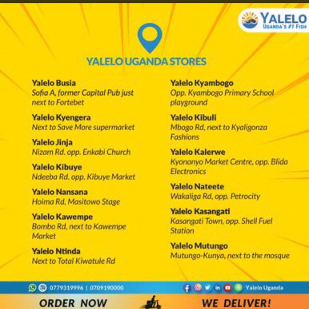 TweetsbyRex16's tweet photo. Eat some fresh fish this weekend from @YaleloUganda at just only shs.12,000 a kilogram.Below are some of the different branches around Uganda
#BuyThatFishEatThatFish https://t.co/hSdv5gWRvY