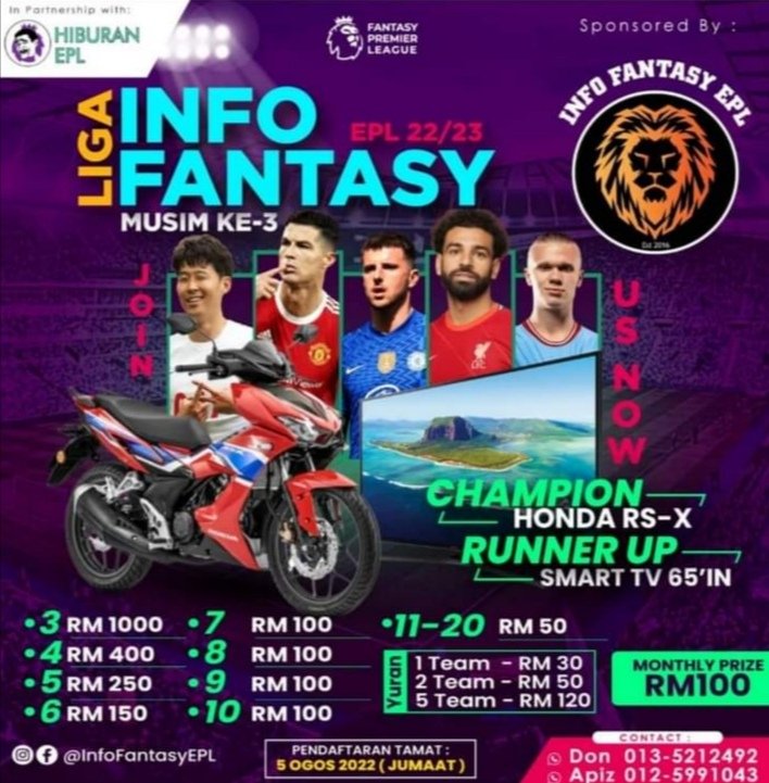 InfoFantasyEPL's tweet photo. @FPL_MY 𝗝𝗼𝗺 JOIN 𝗹𝗶𝗴𝗮 𝗵𝗮𝗱𝗶𝗮𝗵 𝗺𝗼𝘁𝗼 𝗛𝗢𝗡𝗗𝗔 𝗥𝗦-𝗫 𝗻𝗶.. 

🎁 𝗛𝗔𝗗𝗜𝗔𝗛 𝗨𝗧𝗔𝗠𝗔 - 𝗛𝗢𝗡𝗗𝗔 𝗥𝗦-𝗫
🎁 𝗛𝗔𝗗𝗜𝗔𝗛 𝗞𝗘𝗗𝗨𝗔 - 𝗦𝗠𝗔𝗥𝗧 𝗧𝗩 𝟲𝟱 𝗜𝗡𝗖𝗜
𝗗𝗔𝗙𝗧𝗔𝗥 𝗦𝗘𝗞𝗔𝗥𝗔𝗡𝗚 👇

Don - https://t.co/WSEOG6rCJ8

Apiz - https://t.co/nSjoPy4YiK https://t.co/pv2TZ2iUfB