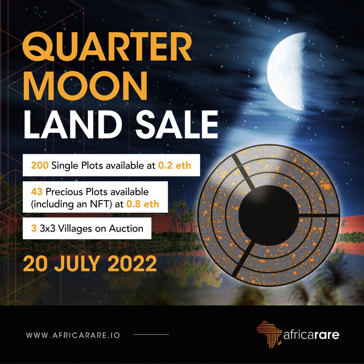 ➡️LAND SALE - Ubuntuland is expanding!

🌗With the July quarter moon, a new inner circle of Ubuntuland will be illuminated!
⭐️Opening our next LAND SALE!
⭐️July 20, 5pm CAT (UTC+2)   

OpenSea:opensea.io/collection/afr…
💻: africarare.io

#africarare #ubuntuland #metaverse