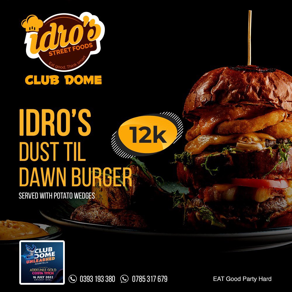 How would you like your Burger 🍔 served today? 

At only 12K UGX, come and enjoy our ‘Dust till dawn burger’ at the #DomeLifeDopeLife concert today at Lugogo Cricket Oval.

#AdekunleGoldUG #IdrosStreetFoods