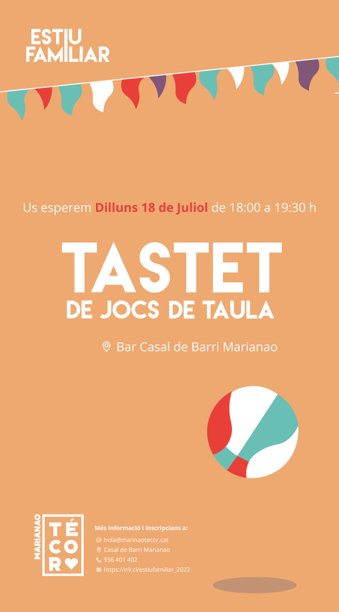 Comencem la setmana amb força i el més important, en família! 💥 No et perdis el taller TASTET DE JOCS DE TAULA ♟️que ha preparat <a href="/DIDAssociacio/">Did Associació</a> al Bar del Casal de Barri Marianao de 18:00 a 19:30.

Juguem junts? 🎲🎲🎲

#estiufamiliar #santboi #barrimariano