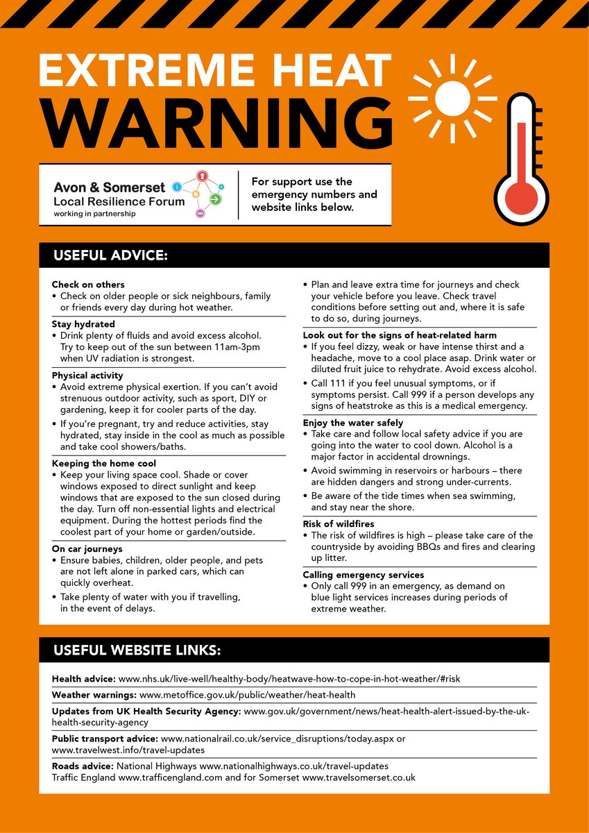 An Amber weather warning has been issued this weekend ⚠️

#HelpUsHelpYou by making sure you drink plenty of water, try and stay cool indoors &amp; check on others.

 #StaySafeThisSummer #BeatTheHeat 

nhs.uk/live-well/heal…