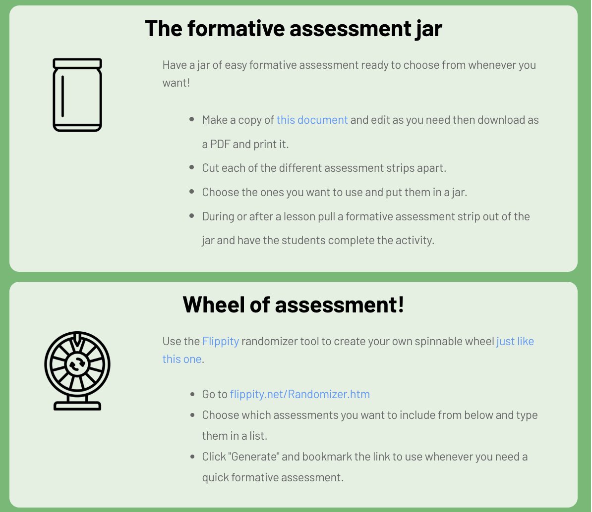 Fun formative assessment: 12 easy, no-tech ideas you can use tomorrow

🧱Graffiti wall
✍️Sketch artist
🧐Quiz maker
🗿Sculptor
🧩Word puzzler
and more PLUS 2 ☸️ creative 🍯 ways to use them⬇️ 

ditchthattextbook.com/no-tech-format…