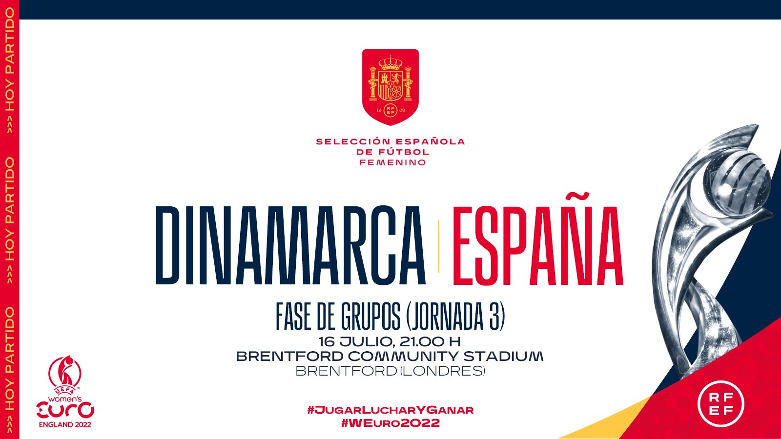 Selección Española Femenina Fútbol on "🙌 ¡¡𝗛𝗢𝗬 𝗝𝗨𝗚𝗔𝗠𝗢𝗦 𝗨𝗡𝗔 𝗙𝗜𝗡𝗔𝗟!! ⚽ Dinamarca - España 🏆 Tercer partido de 𝗳𝗮𝘀𝗲 𝗴𝗿𝘂𝗽𝗼𝘀 🕘 21:00 (hora peninsular española) 🏟 Brentford Community