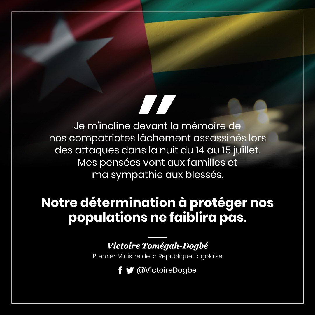 DogbeVictoire's tweet photo. Je m'incline devant la mémoire de nos compatriotes lâchement assassinés lors des attaques dans la nuit du 14 au 15 juillet. Mes pensées vont aux familles et ma sympathie aux blessés. Notre détermination à protéger nos populations ne faiblira pas. https://t.co/zTBpy5PKop