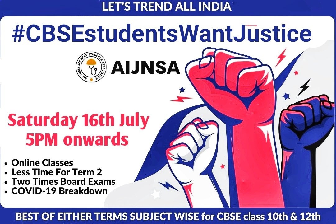 AIJNSA_official's tweet photo. Today from 5PM onwards AIJNSA will raise voices for CBSE 10TH &amp; 12Th Students with the Hastag-
#CBSEstudentsWantJustice

Results are near it's very important that authorities give justice to students.
@UrHimanshuBorah @TeamAIJNSA
#CBSEacceptBestOfEitherTerms https://t.co/Hqf14lJ0n2
