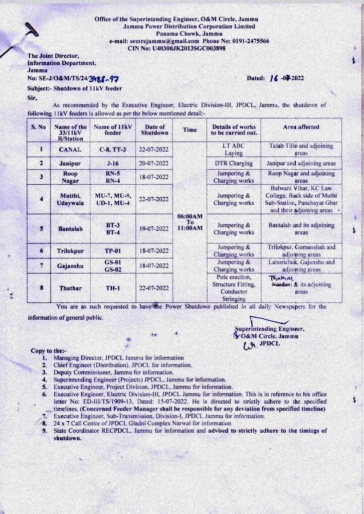 #POWER #SHUTDOWN
<a href="/pddjkofficial/">Power Development Department, J&K</a>
<a href="/diprjk/">Information & PR, J&K</a> 
@ChairmanJPDCL 
<a href="/JPDCLofficial/">Jammu Power DISCOM</a> 
<a href="/ChiefJammu/">Chief Engineer Distribution, JPDCL Jammu</a> 
<a href="/ED3JPDCL/">Electric Division-III, JPDCL</a> <a href="/XENJPDCLEDII/">Executive Engineer Electric Division-II, JPDCL</a>
<a href="/ITJPDCL/">IT&C Division, JPDCL; J&K PDD, Jammu</a>