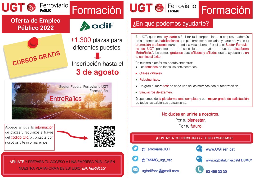 FerroviarisUGT's tweet photo. 🚨⚠️ ¿Quieres acceder a un Empleo Público de calidad? @Adif_es  ha convocado ➕1️⃣3️⃣0️⃣0️⃣ plazas. Accede a toda la información y prepara el examen en nuestra plataforma on line #EntreRailes 👇

📝 Inscríbete aquí: https://t.co/RjDvVqBvoB

#SoyUGT #EsencialesUGT https://t.co/ZpM9fy58nt