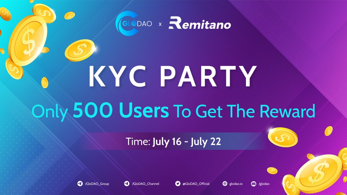 GloDAO_Official's tweet photo. ♨️KYC PARTY [GLODAO x REMITANO]♨️

❇️Only 500 people will receive the award

❇️After completing KYC in @remitano, each user will receive $2. Results and rewards will be distributed to members at the end of the event

❇️Time: July 16 - July 22

#glodao #defi #dao #blockchain https://t.co/Xf9sgGXRLO
