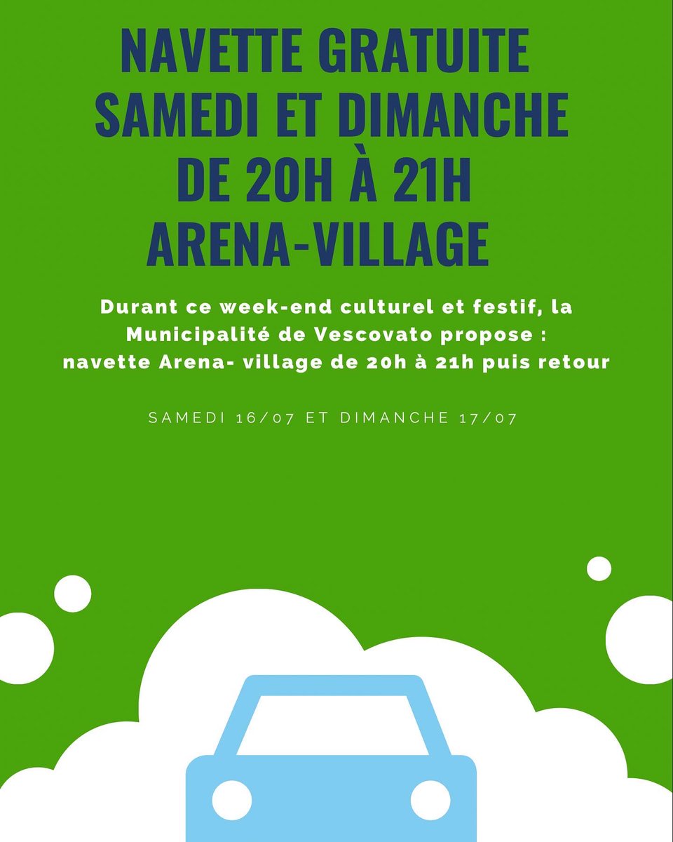 Ce week-end sera festif et culturel à #Vescovato !🎼
Pour permettre un meilleur accès, la Municipalité vous propose une navette gratuite qui partira de la placette d’Arena de 20h à 21h puis retour après le concert lyrique du 16/7 et la pièce de théâtre le 17/7. 
#uviscuvatuvivu