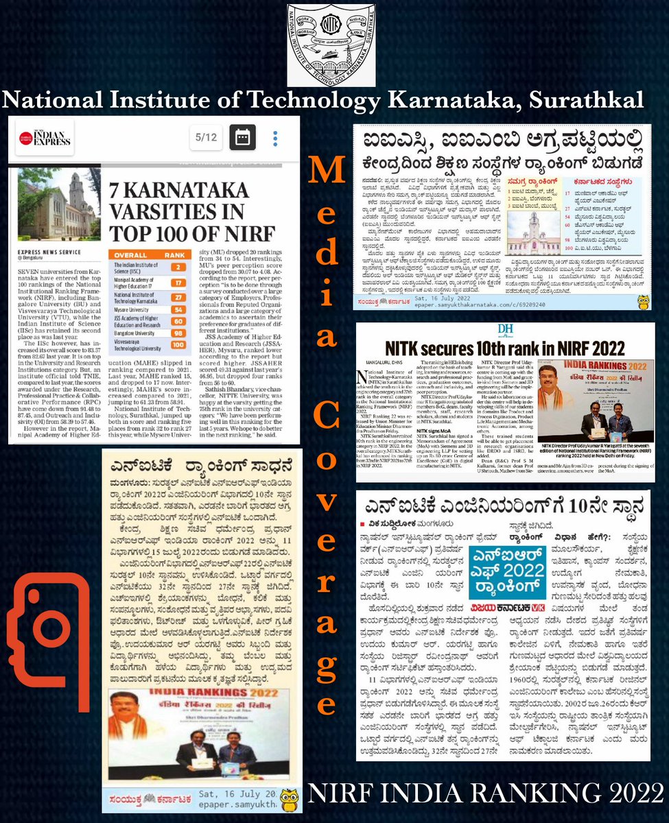 surathkal_nitk's tweet photo. National Institute of Technology Karnataka, Surathkal news coverage in National and Regional Newspapers.
National Institutional Ranking Framework, India Ranking 2022,MoE,GoI.
#NITKSurathkal #Rank10 #Engineering #Rank27 #OverallRanking https://t.co/bNJWBEYWQl