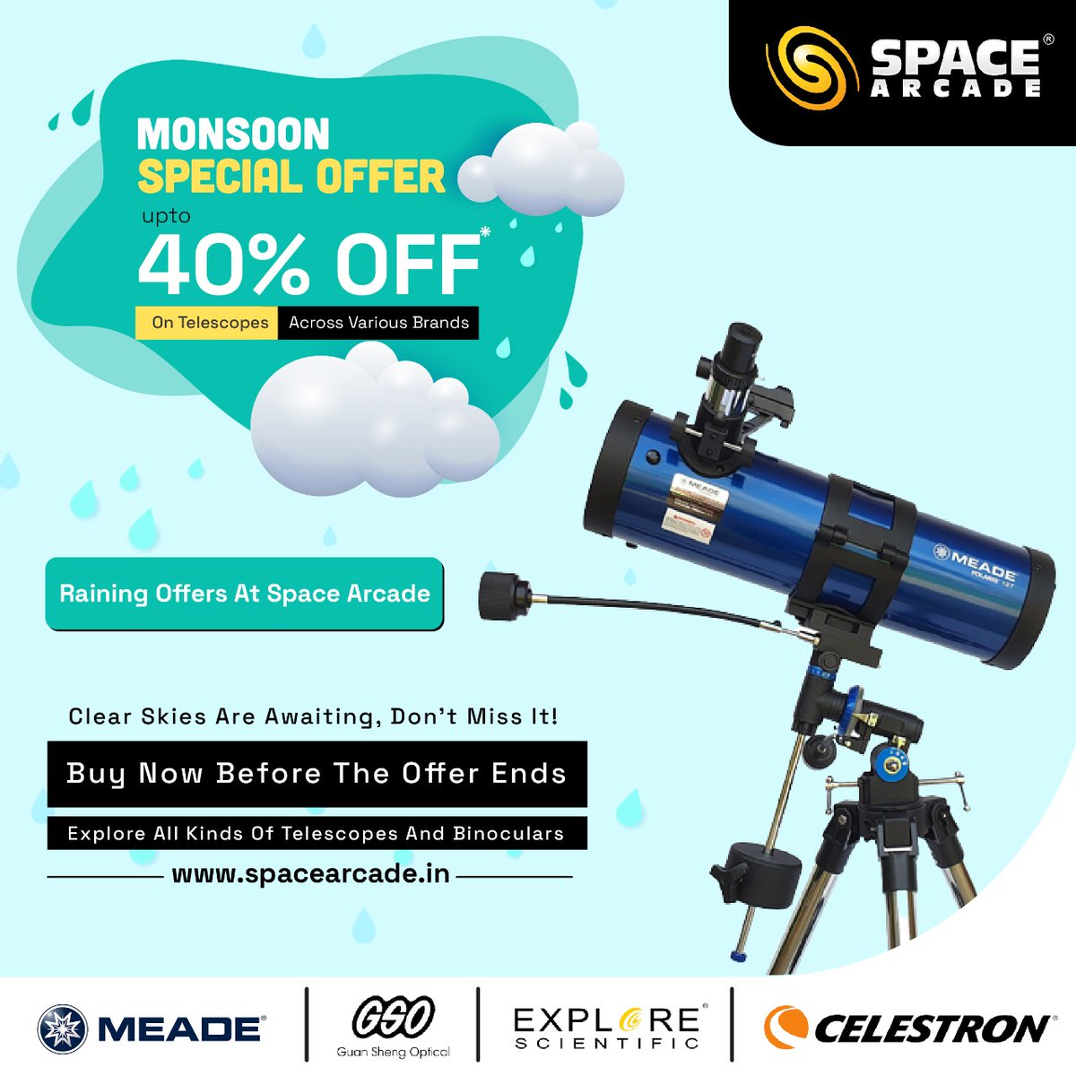 It is raining offers this Monsoon at Space Arcade. Grab your scopes before the offer ends!
 
#sale #offers #monsoonsale #telescope #binoculars #space #astrophysics #research #SPACEindia #astronomy #Spacescience #technology #spacetechnology #Astronomy #Astrophotography #Travel