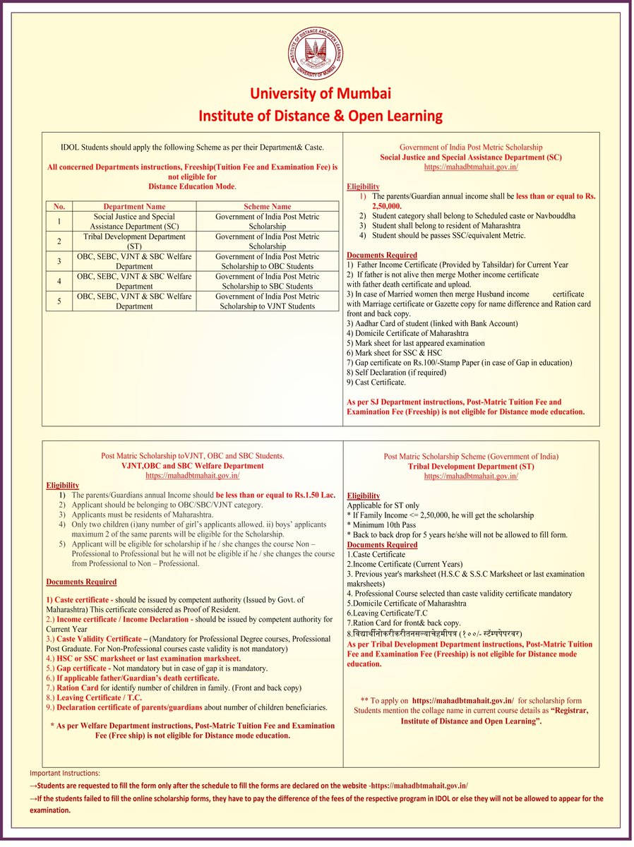 educlashco's tweet image. Details of Scholarship Facility for Reserve category student  #educlash #mumbaiuniversity #universityofmumbai